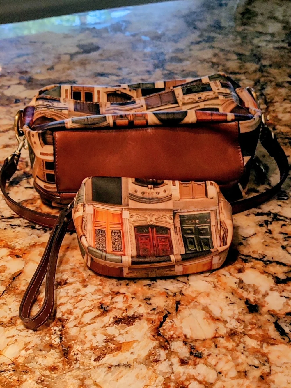 Patricia Nash Piper coated canvas Satchel and Wristlet pair in Brown and Cream